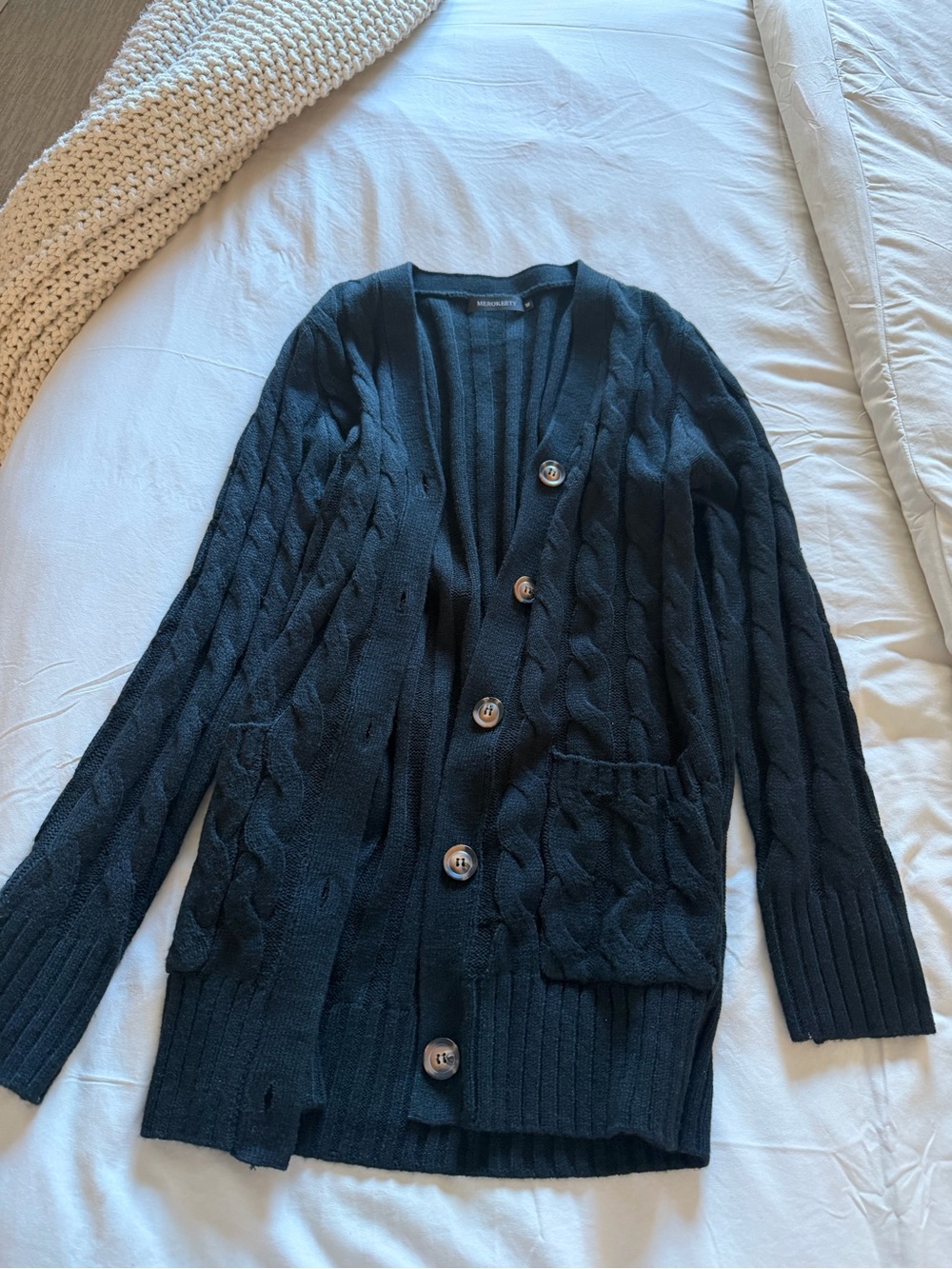 Long Black Cable Knit Button-Front Cardigan